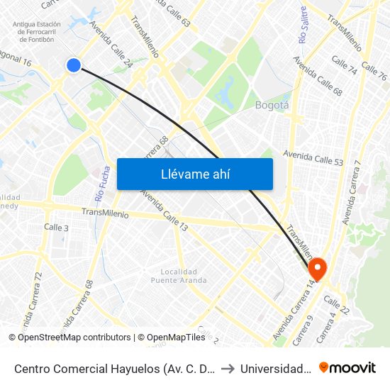 Centro Comercial Hayuelos (Av. C. De Cali - Cl 20) to Universidad Incca map