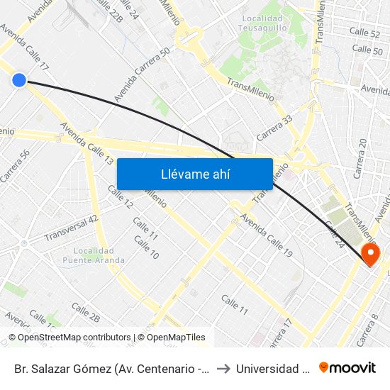 Br. Salazar Gómez (Av. Centenario - Kr 65) (A) to Universidad Incca map