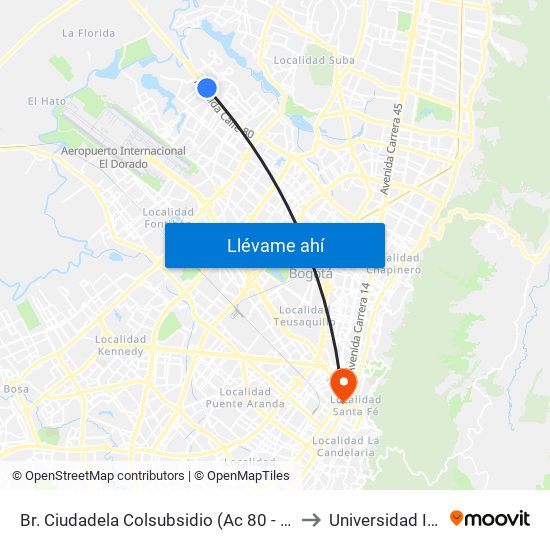 Br. Ciudadela Colsubsidio (Ac 80 - Kr 112a) to Universidad Incca map