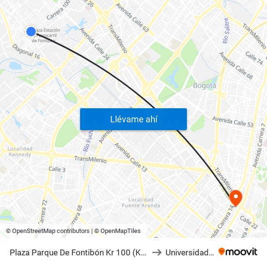 Plaza Parque De Fontibón Kr 100 (Kr 100 - Cl 17a) to Universidad Incca map