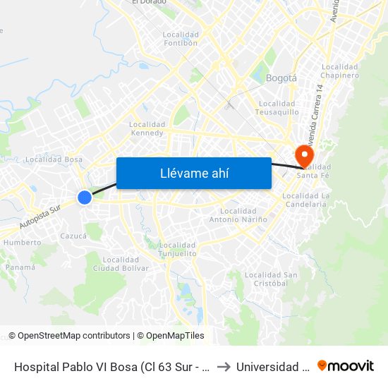 Hospital Pablo VI Bosa (Cl 63 Sur - Kr 77g) (A) to Universidad Incca map