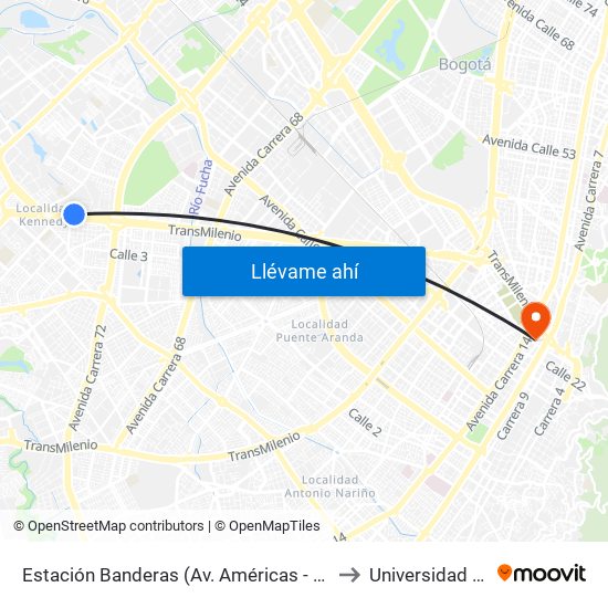 Estación Banderas (Av. Américas - Kr 78a) (A) to Universidad Incca map