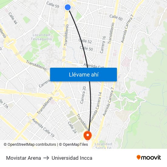 Movistar Arena to Universidad Incca map