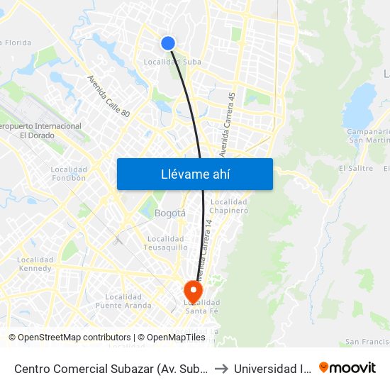 Centro Comercial Subazar (Av. Suba - Kr 91) to Universidad Incca map