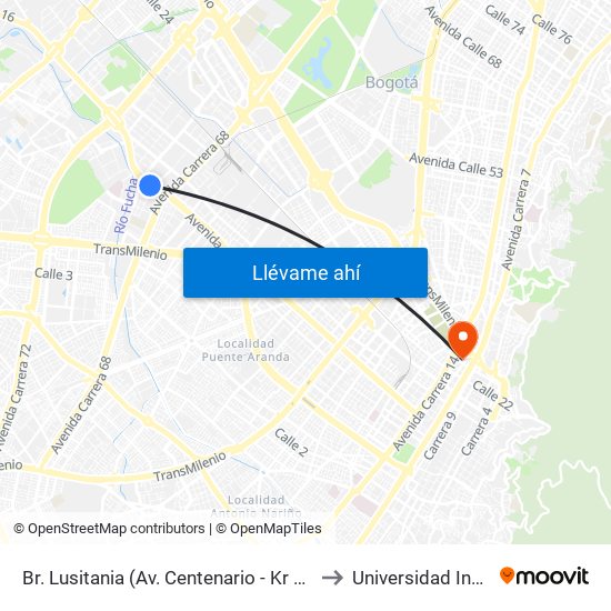 Br. Lusitania (Av. Centenario - Kr 68b) to Universidad Incca map