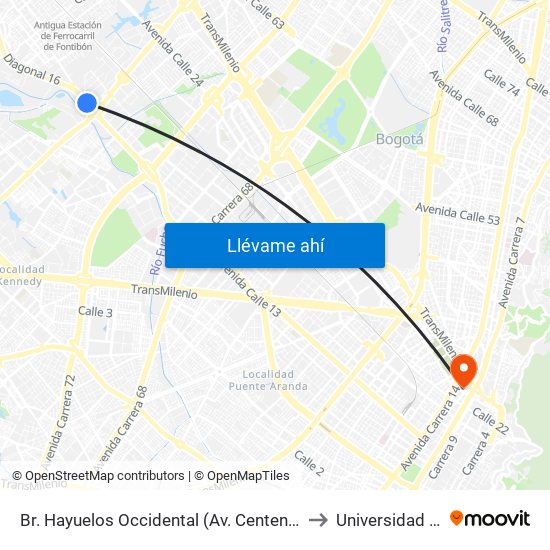 Br. Hayuelos Occidental (Av. Centenario - Kr 87) to Universidad Incca map