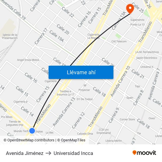 Avenida Jiménez to Universidad Incca map