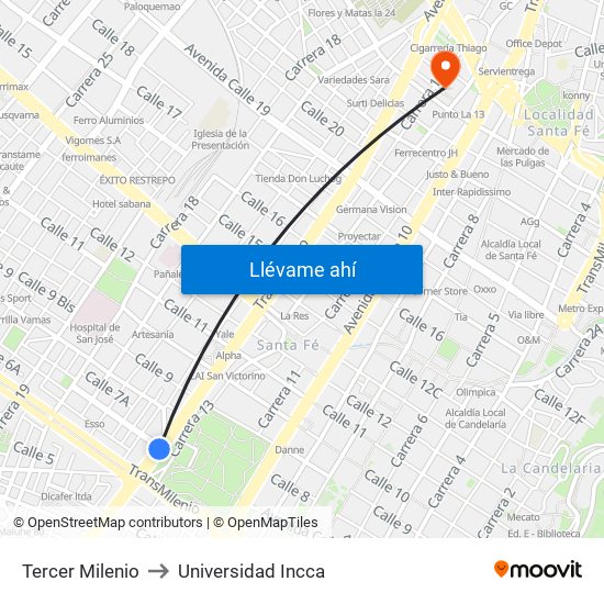 Tercer Milenio to Universidad Incca map