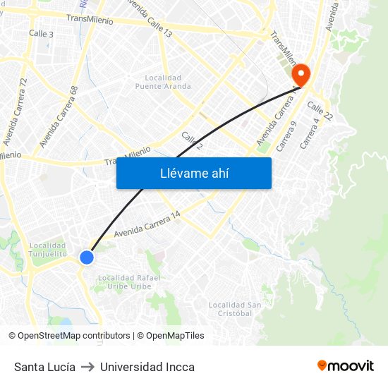 Santa Lucía to Universidad Incca map