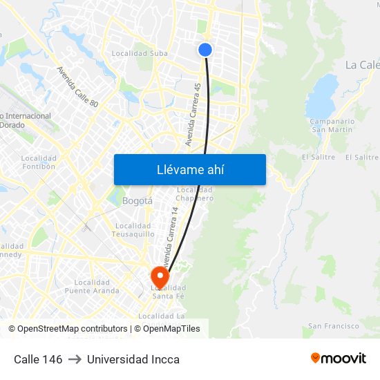 Calle 146 to Universidad Incca map