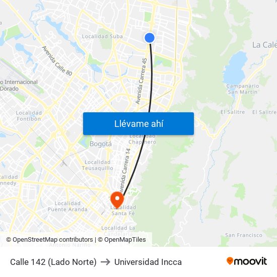 Calle 142 (Lado Norte) to Universidad Incca map