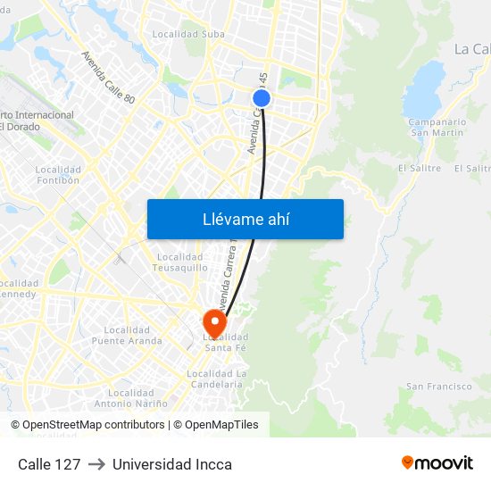 Calle 127 to Universidad Incca map