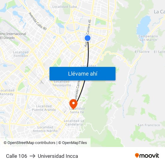 Calle 106 to Universidad Incca map