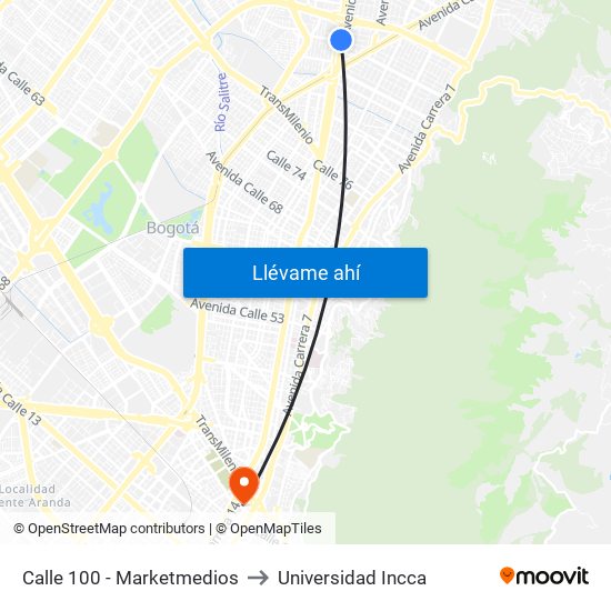 Calle 100 - Marketmedios to Universidad Incca map