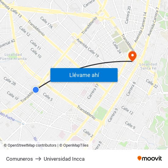 Comuneros to Universidad Incca map