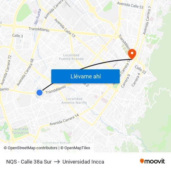 NQS - Calle 38a Sur to Universidad Incca map