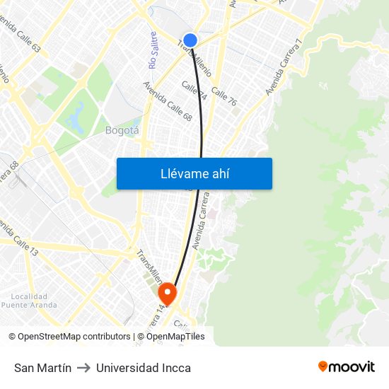 San Martín to Universidad Incca map