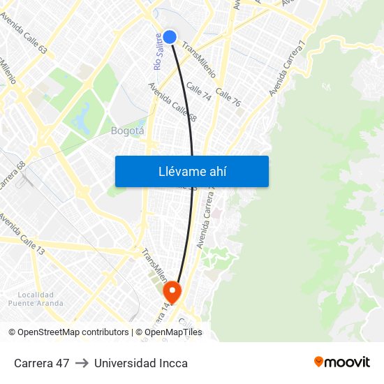 Carrera 47 to Universidad Incca map