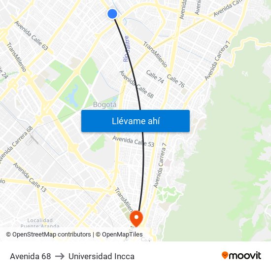 Avenida 68 to Universidad Incca map