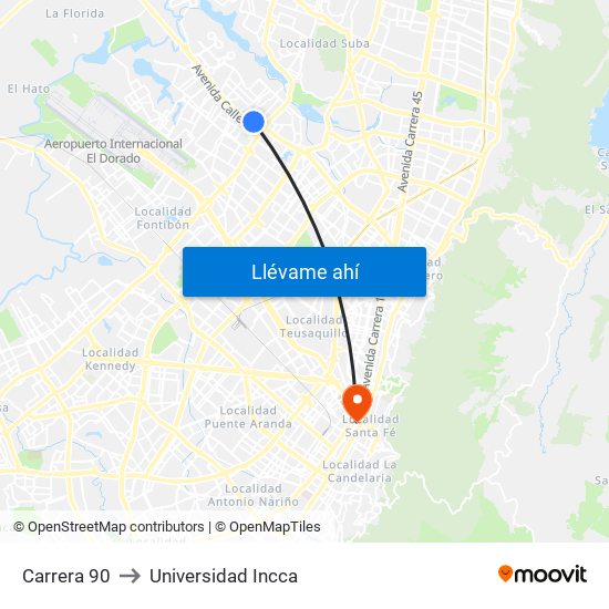 Carrera 90 to Universidad Incca map