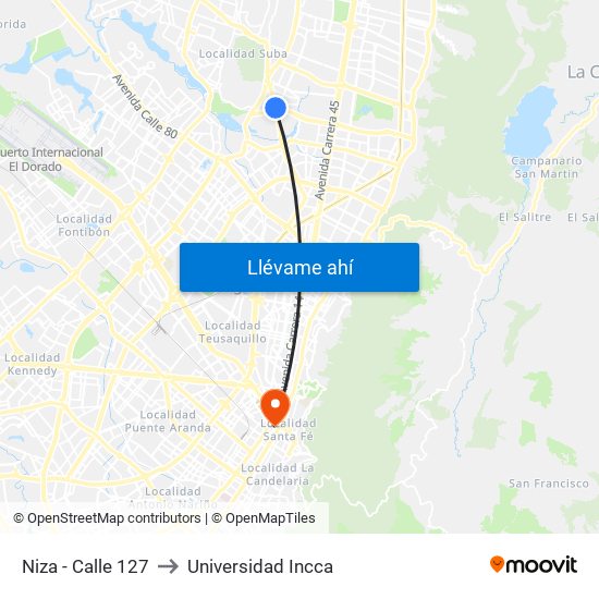 Niza - Calle 127 to Universidad Incca map