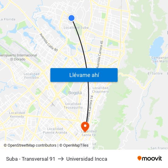 Suba - Transversal 91 to Universidad Incca map