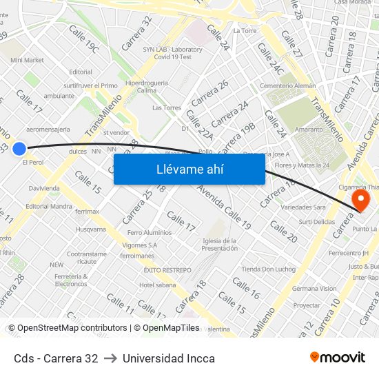 Cds - Carrera 32 to Universidad Incca map