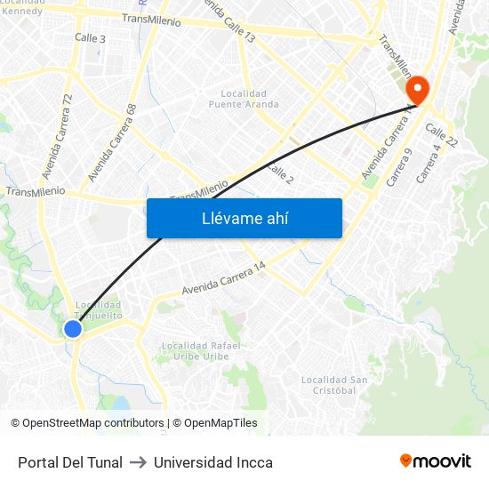 Portal Del Tunal to Universidad Incca map