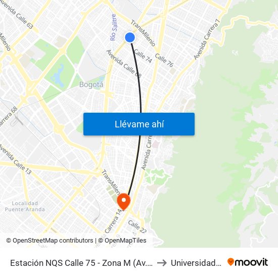Estación NQS Calle 75 - Zona M (Av. NQS - Cl 75) to Universidad Incca map