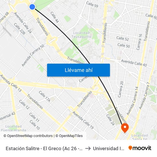 Estación Salitre - El Greco (Ac 26 - Ak 68) to Universidad Incca map