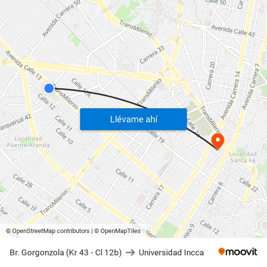 Br. Gorgonzola (Kr 43 - Cl 12b) to Universidad Incca map