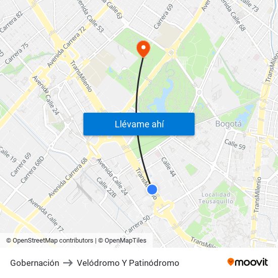 Gobernación to Velódromo Y Patinódromo map