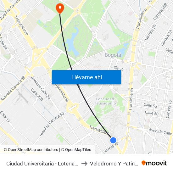 Ciudad Universitaria - Lotería De Bogotá to Velódromo Y Patinódromo map