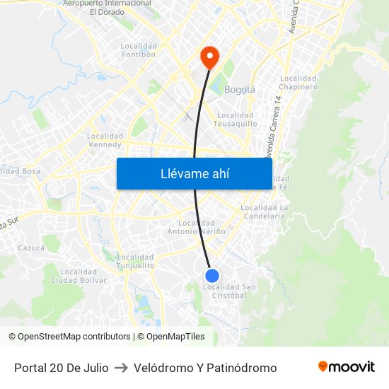 Portal 20 De Julio to Velódromo Y Patinódromo map