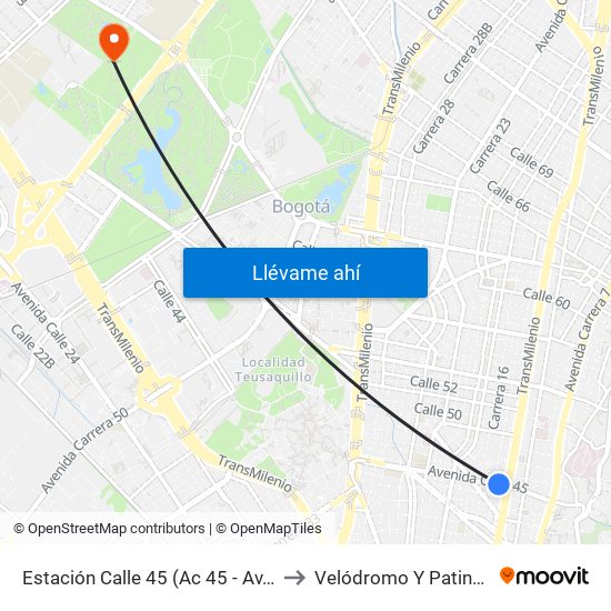 Estación Calle 45 (Ac 45 - Av. Caracas) to Velódromo Y Patinódromo map