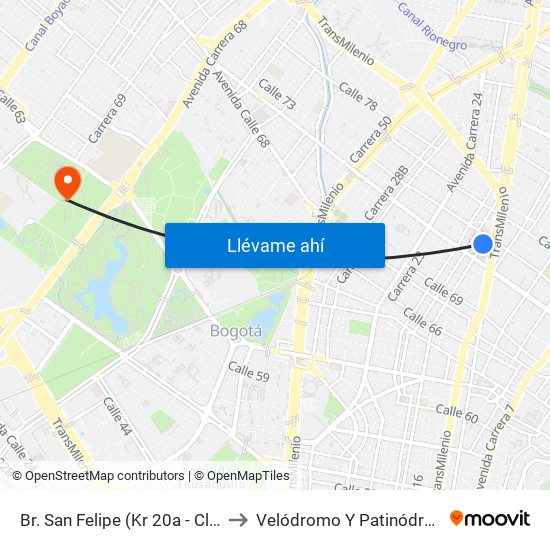 Br. San Felipe (Kr 20a - Cl 74) to Velódromo Y Patinódromo map