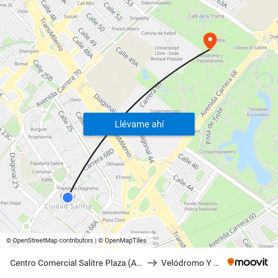 Centro Comercial Salitre Plaza (Av. La Esperanza - Kr 68b) to Velódromo Y Patinódromo map