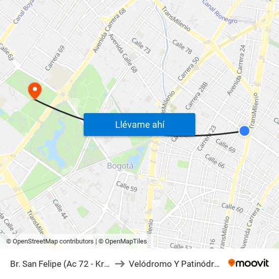 Br. San Felipe (Ac 72 - Kr 17) to Velódromo Y Patinódromo map