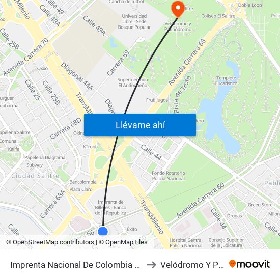 Imprenta Nacional De Colombia (Av. Esperanza - Kr 66) to Velódromo Y Patinódromo map