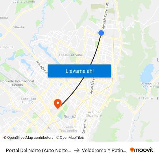 Portal Del Norte (Auto Norte - Cl 174a) to Velódromo Y Patinódromo map