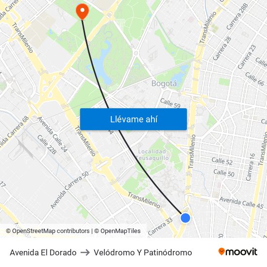 Avenida El Dorado to Velódromo Y Patinódromo map
