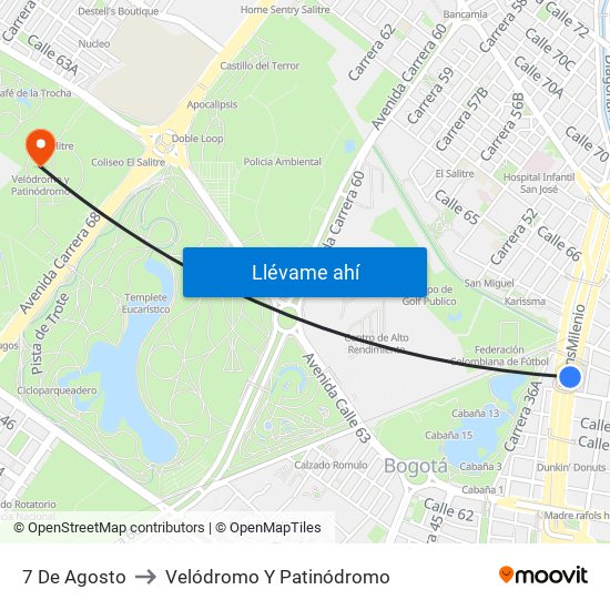 7 De Agosto to Velódromo Y Patinódromo map