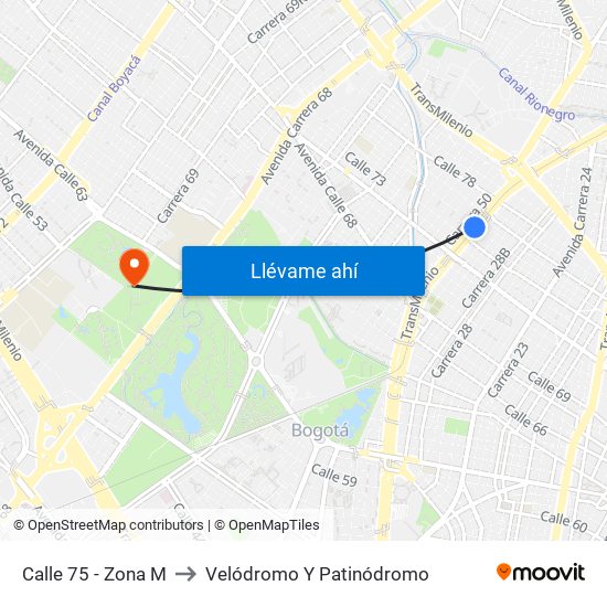 Calle 75 - Zona M to Velódromo Y Patinódromo map