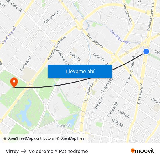 Virrey to Velódromo Y Patinódromo map