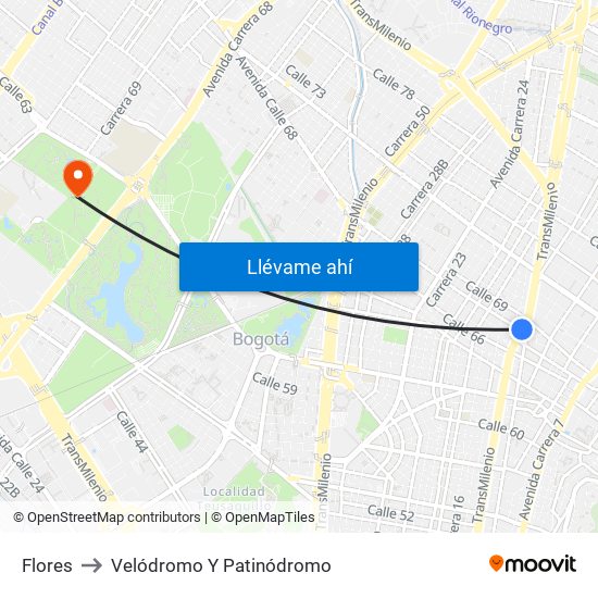 Flores to Velódromo Y Patinódromo map