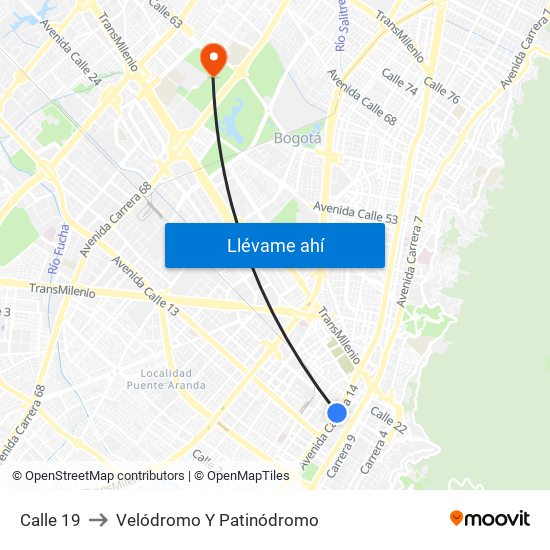 Calle 19 to Velódromo Y Patinódromo map