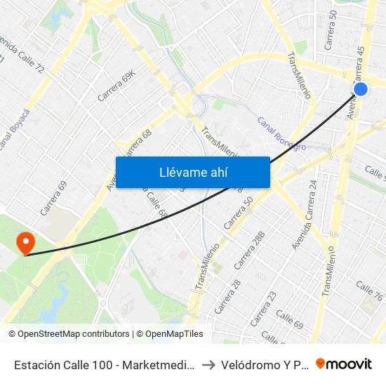 Estación Calle 100 - Marketmedios (Auto Norte - Cl 98) to Velódromo Y Patinódromo map