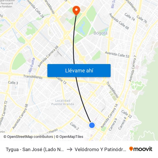 Tygua - San José (Lado Norte) to Velódromo Y Patinódromo map