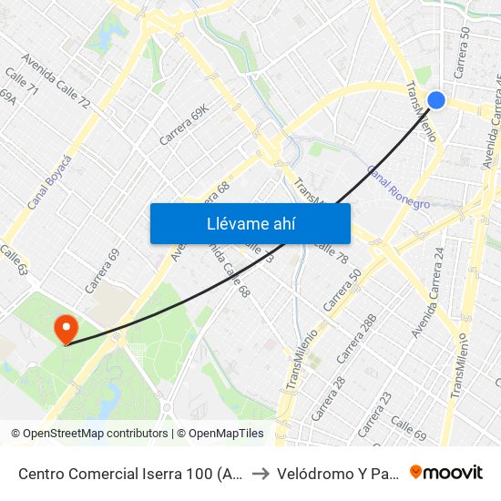 Centro Comercial Iserra 100 (Ac 100 - Kr 54) (B) to Velódromo Y Patinódromo map