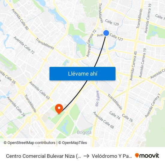 Centro Comercial Bulevar Niza (Ac 127 - Av. Suba) to Velódromo Y Patinódromo map